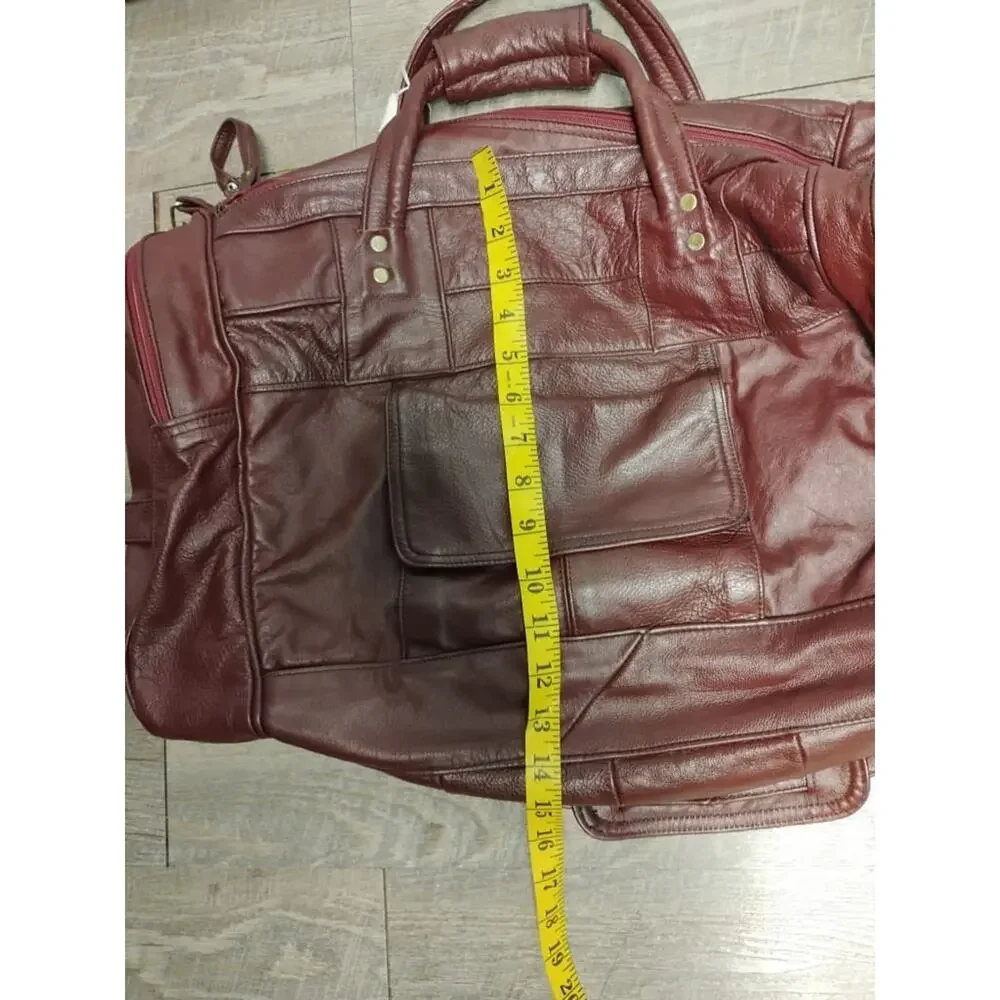 Vtg Carroll Leather Goods Genuine Leather Burgundy Weekender Duffel Travel Bag